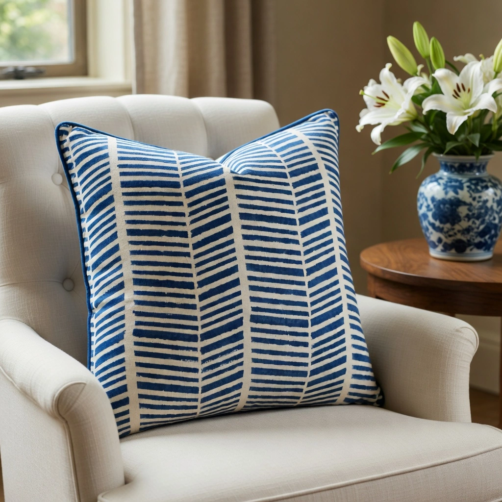 Piping Cushion Cover 50x50 cms Herringbone Blue 100468