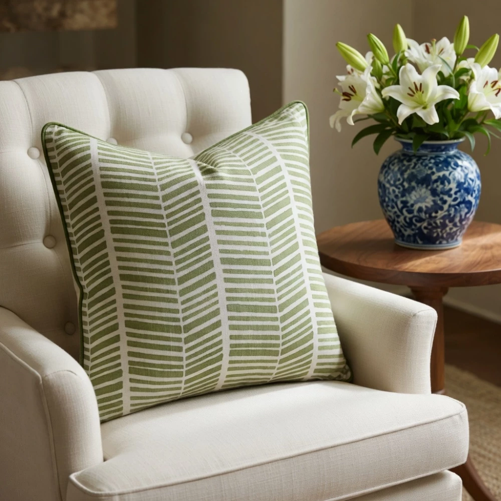 Image of Piping Cushion Cover 50x50 cms | Herringbone Celadon Green 204236