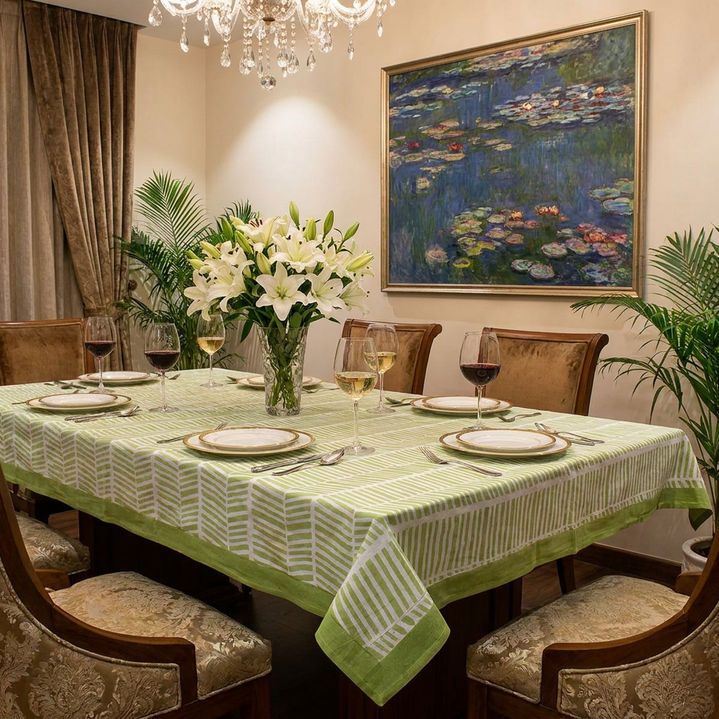 Hand Block Printed Cotton Tablecloth 150x220 cms Herringbone Celadon Green 408898