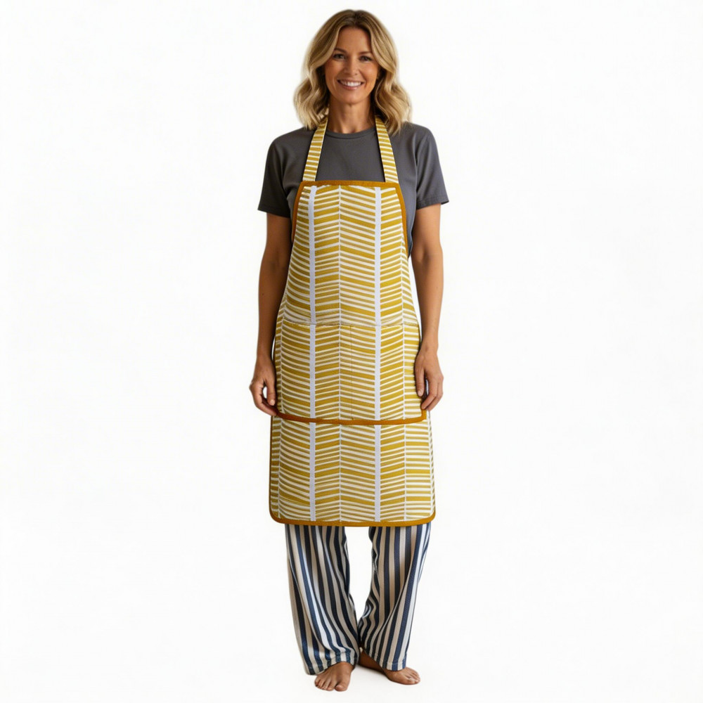 Image of Indian Block-Printed 100% Cotton Apron | Herringbone Golden Brown 204239