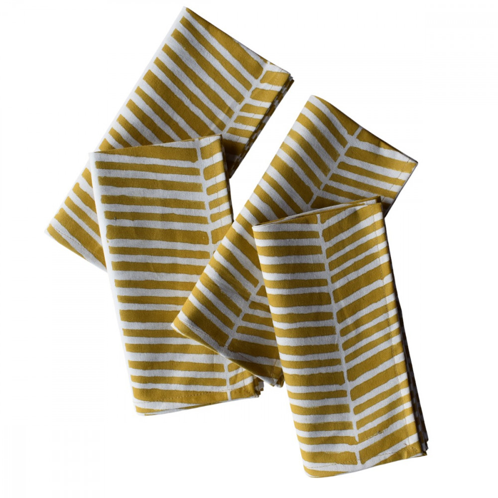Image of Hand Block Printed Cotton Napkin 45x45 cms (Set of 4 Napkins) | Herringbone Golden Brown 204254