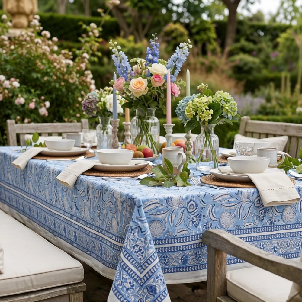 Image of Wood Block Printed Handmade Tablecloth 150x220 cms | Meadow Song Blue 202513