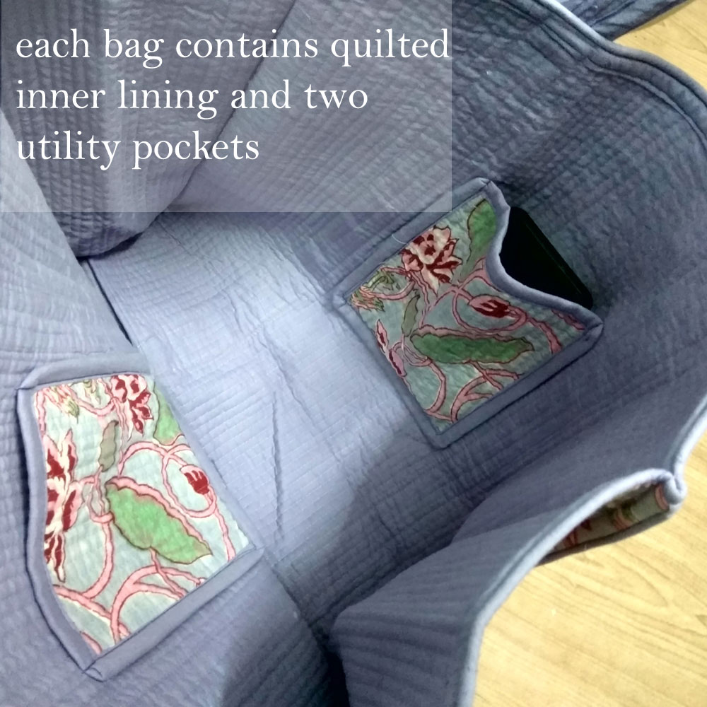 Hand Block Printed Cotton Quilted Tote Bag Teal Flower Gud 105899