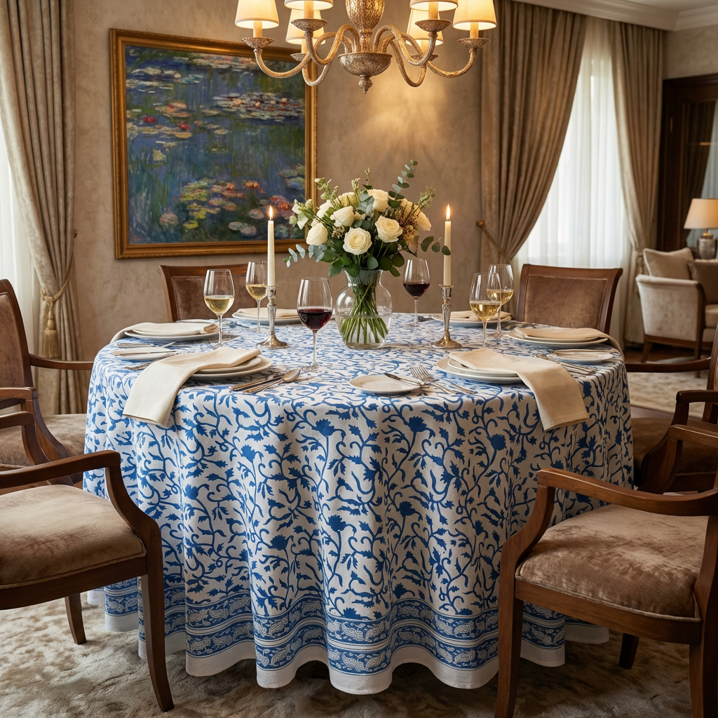 Round 220 cms Cotton French Design Table Cover Indigo Royale 202409