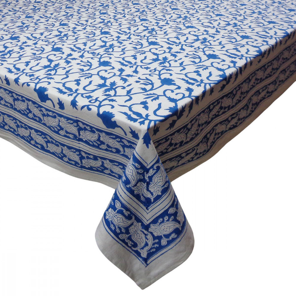 Image of Wood Block Printed Handmade Tablecloth 150x220 cms | Indigo Royale 202409