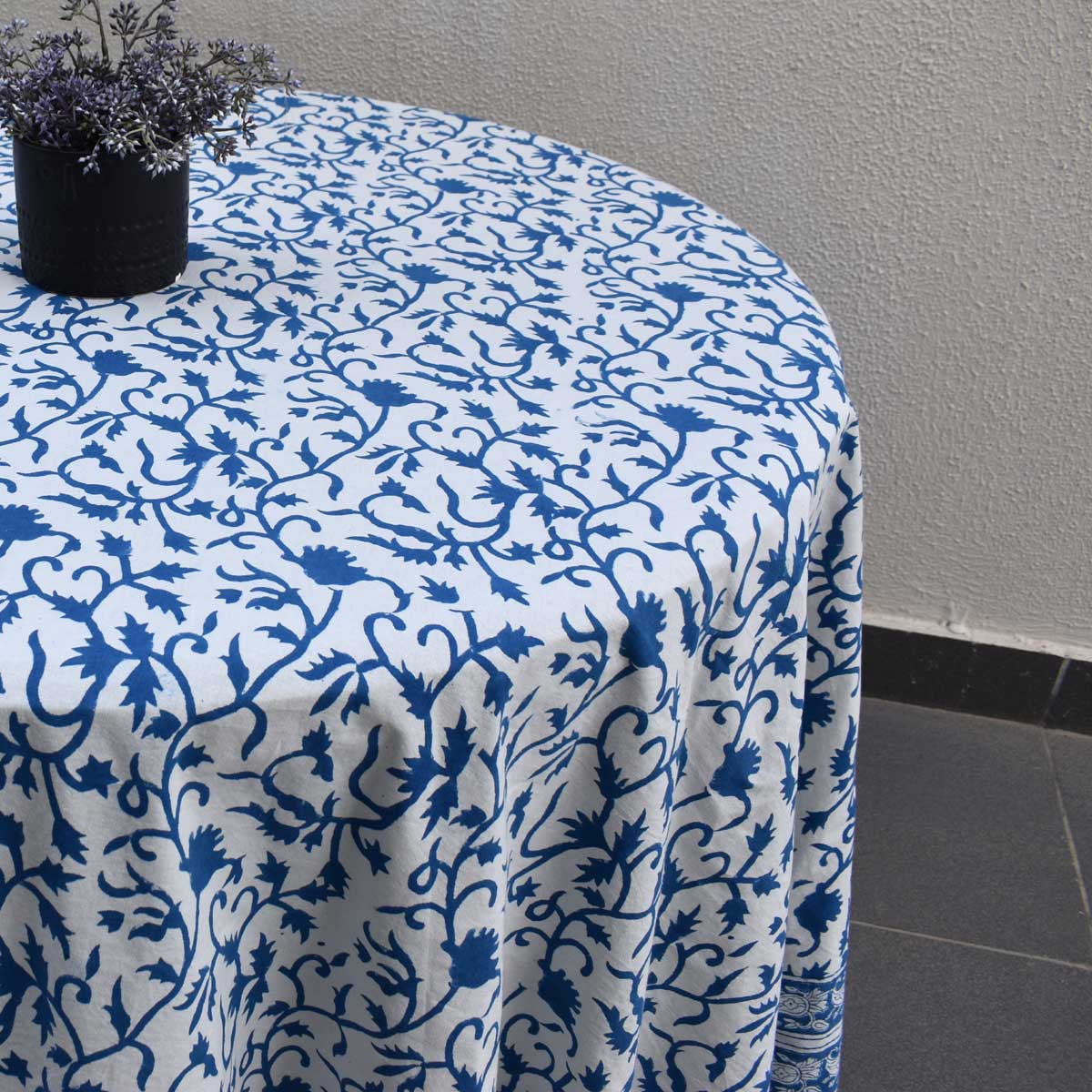 Round 220 cms Cotton French Design Table Cover Indigo Royale 202409