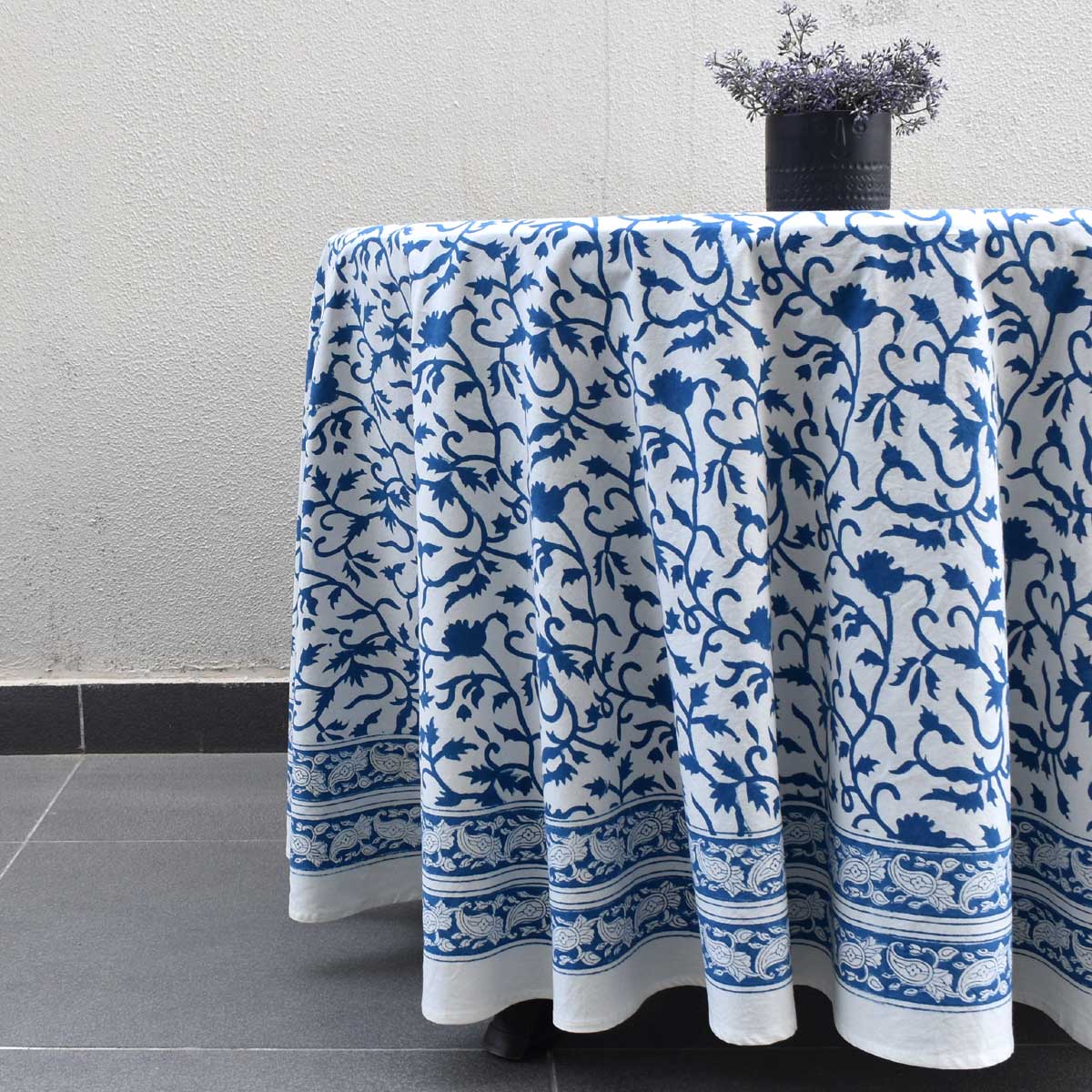 Round 220 cms Cotton French Design Table Cover Indigo Royale 202409