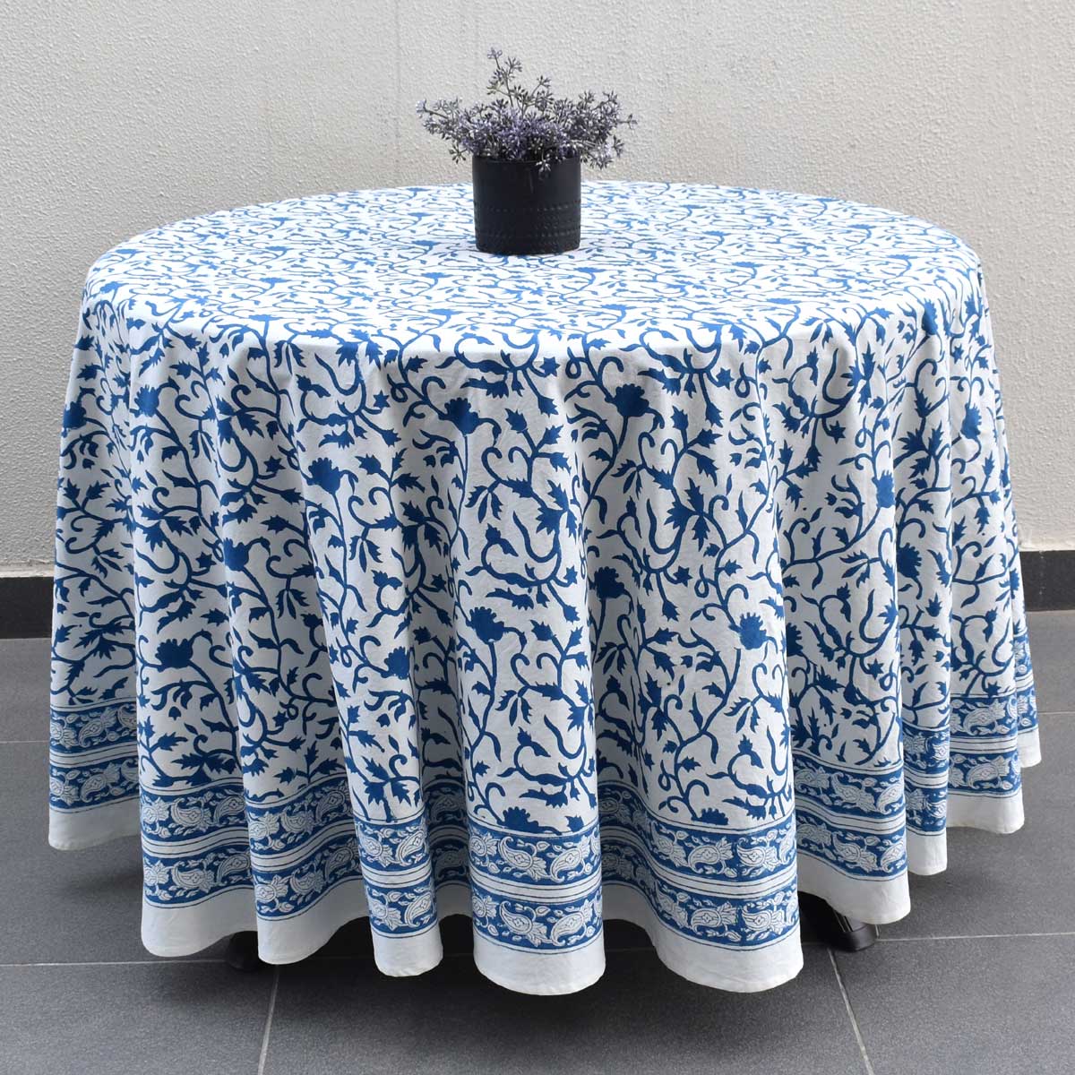 Round 220 cms Cotton French Design Table Cover Indigo Royale 202409