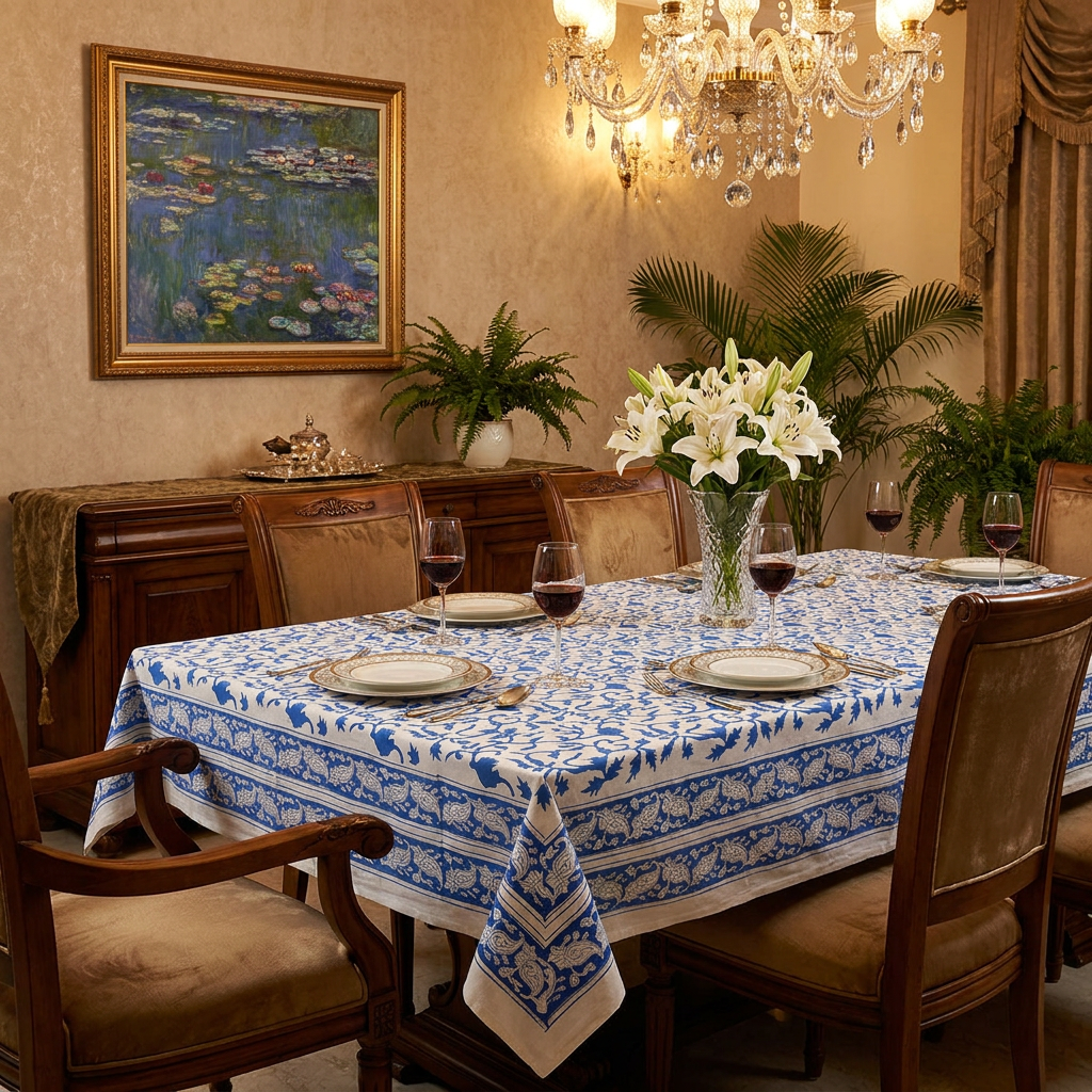 Wood Block Printed Handmade Tablecloth 150x220 cms Indigo Royale 202409