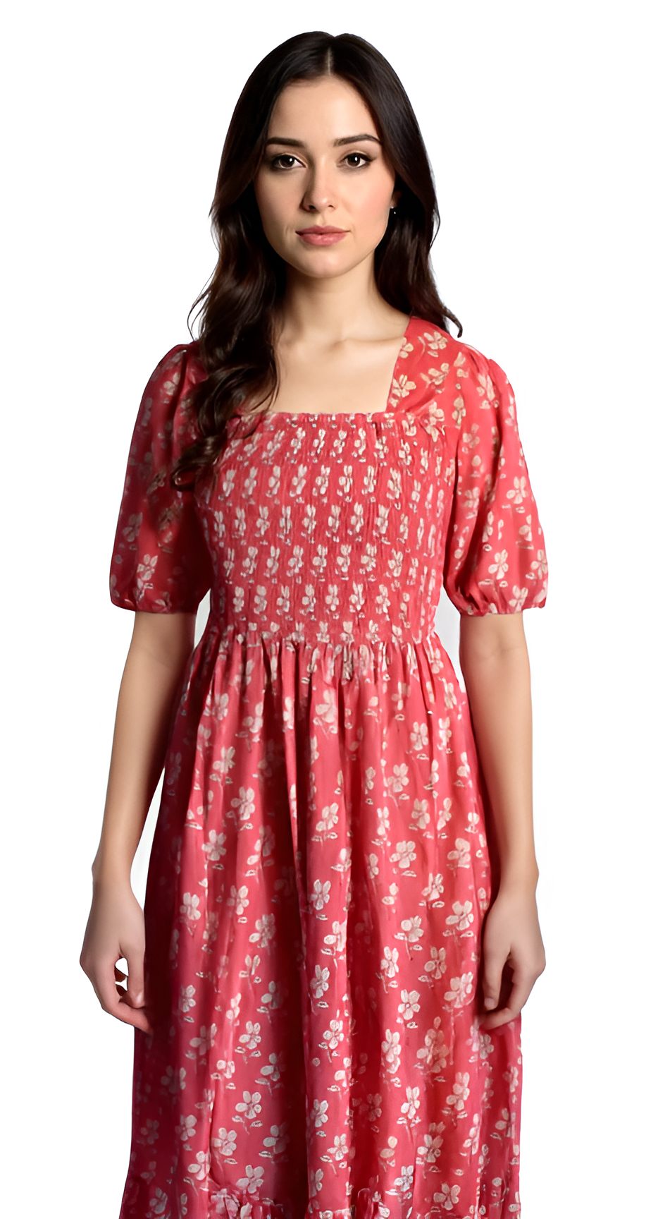 Smocking Dress Pink Printed Cotton Casual Wear
