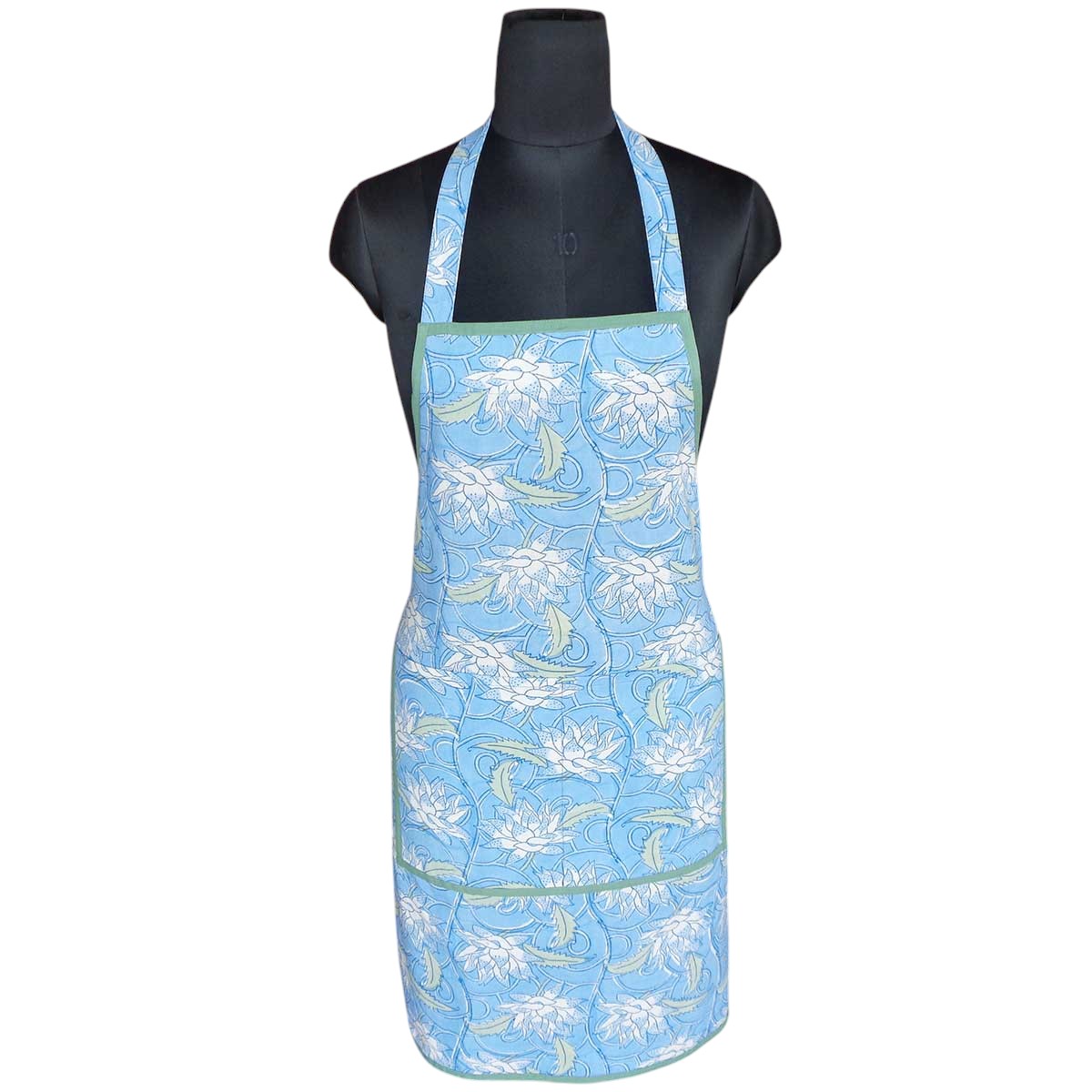 Indian Block-Printed 100 Cotton Apron  Japan Lotus Blue Gud 202502