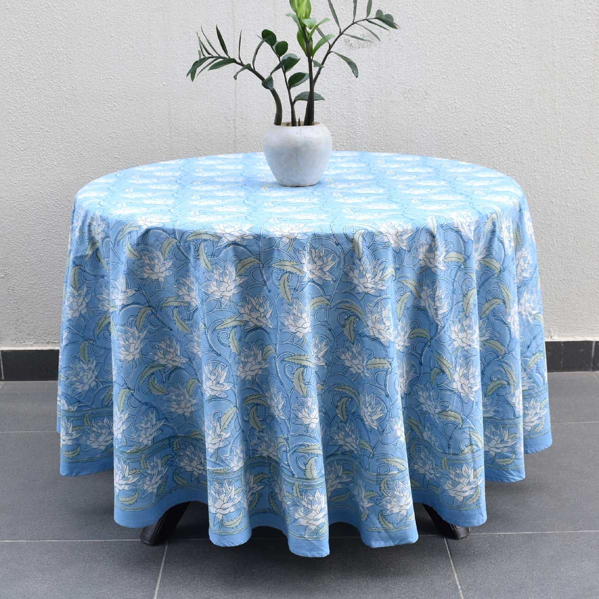 Round 180 cms Cotton French Design Table Cover Japan Lotus Blue Gud 202502