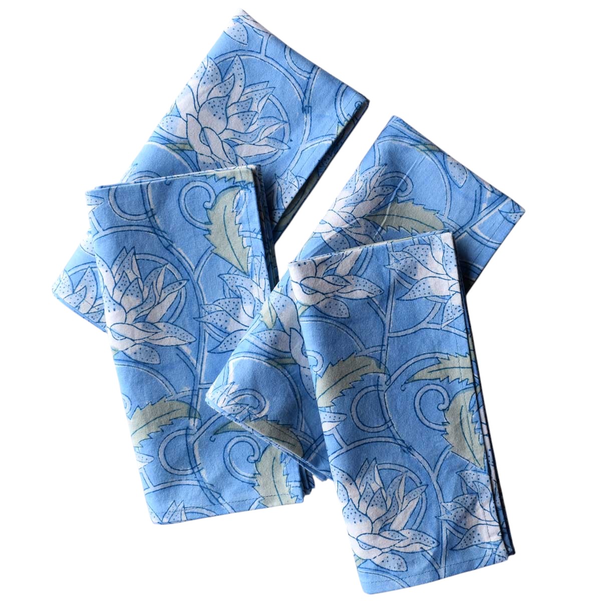 Hand Block Printed Cotton Napkin 45x45 cms Set of 4 Napkins Japan Lotus Blue Gud 202502