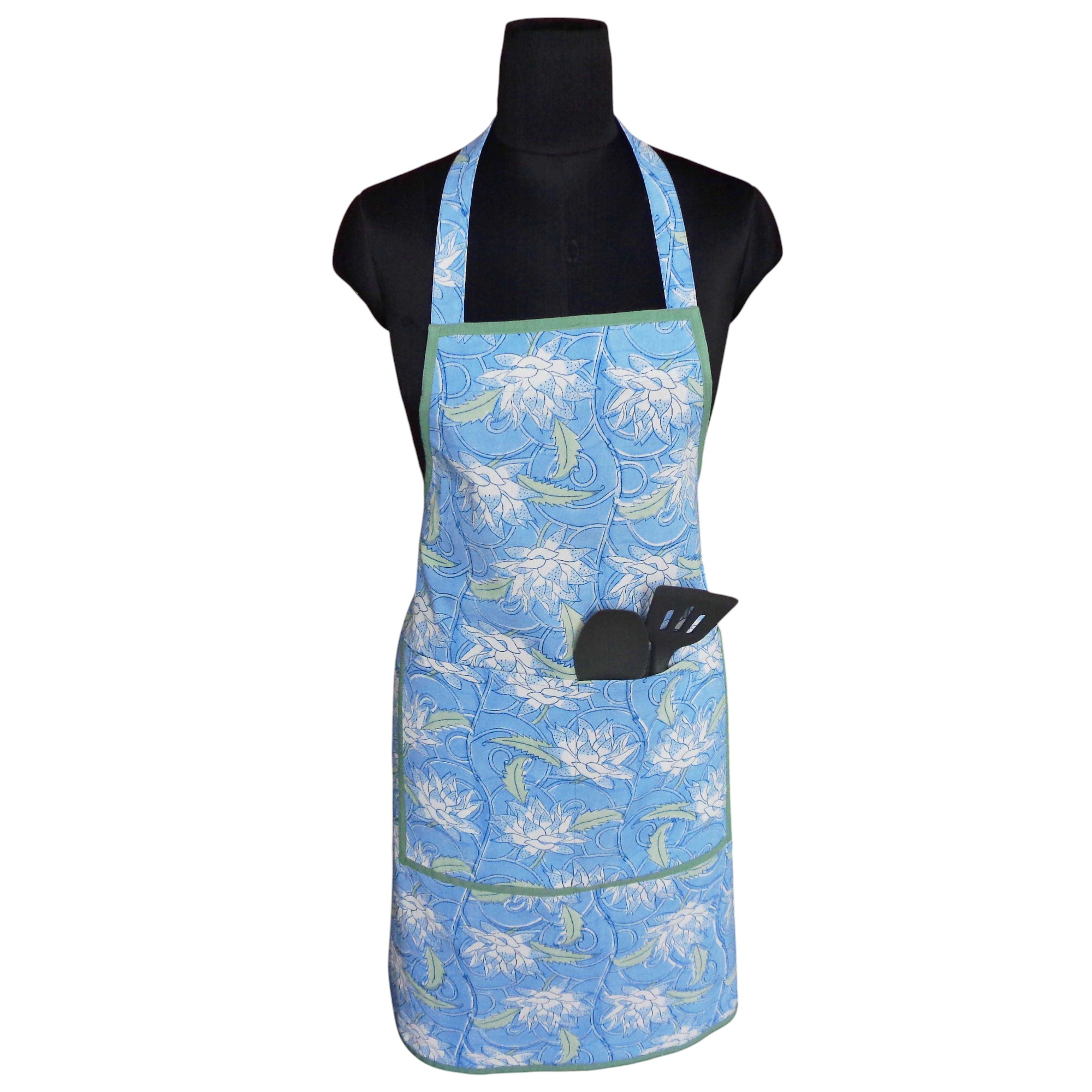 Indian Block-Printed 100 Cotton Apron Japan Lotus Blue Gud 202502