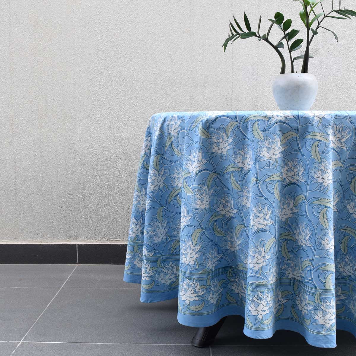 Round 220 cms Cotton French Design Table Cover  Japan Lotus Blue Gud 202502