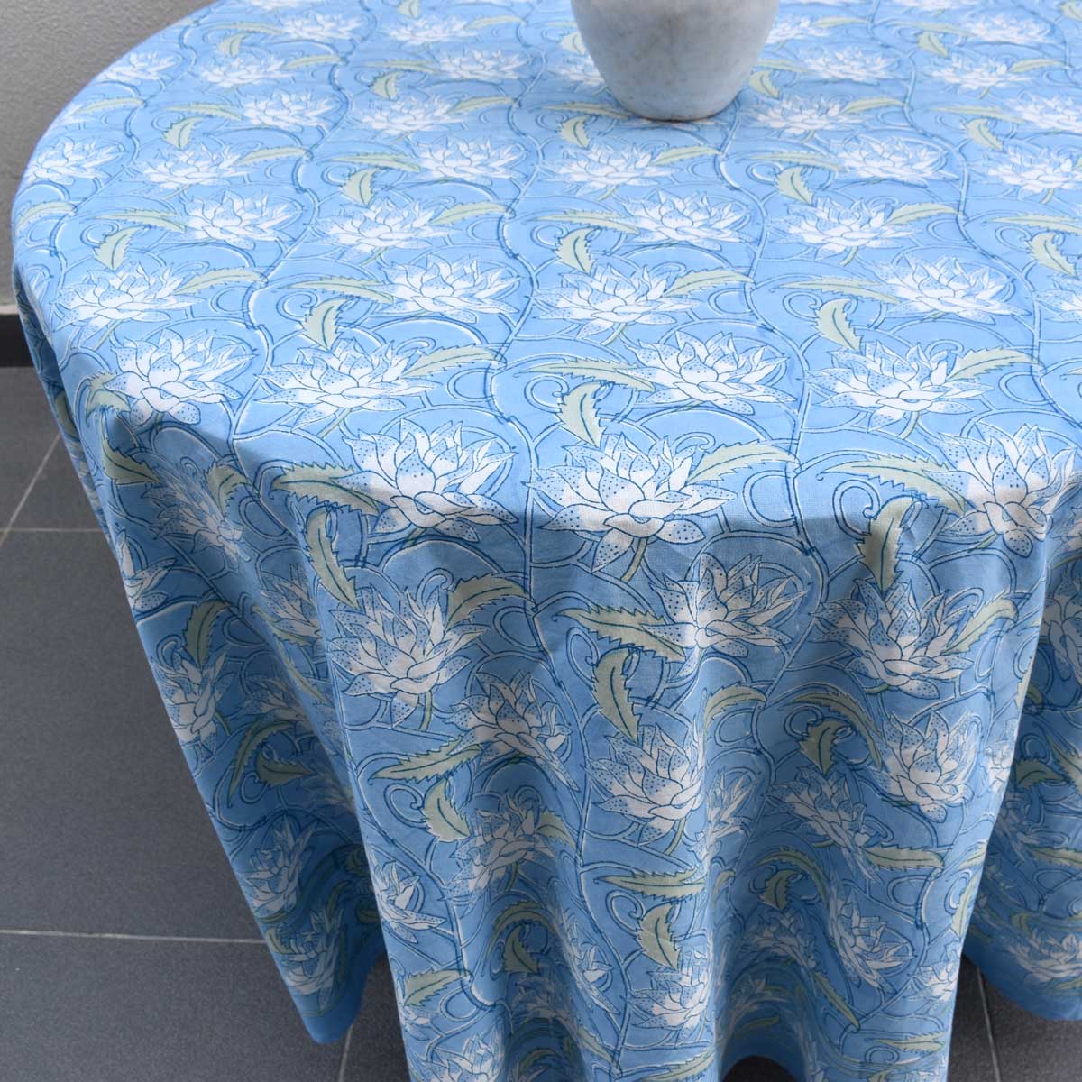 Round 180 cms Cotton French Design Table Cover Japan Lotus Blue Gud 202502