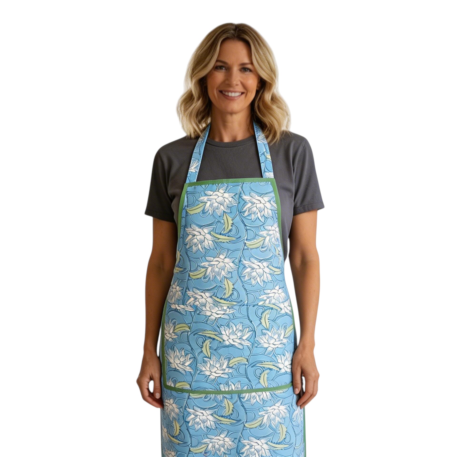 Indian Block-Printed 100 Cotton Apron Japan Lotus Blue Gud 202502