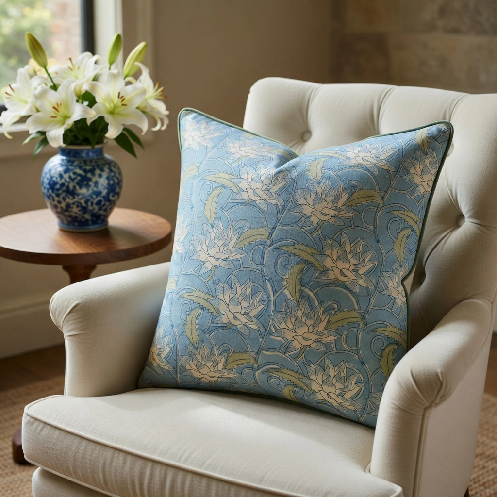 Piping Cushion Cover 50x50 cms Japan Lotus Blue Gud 202502