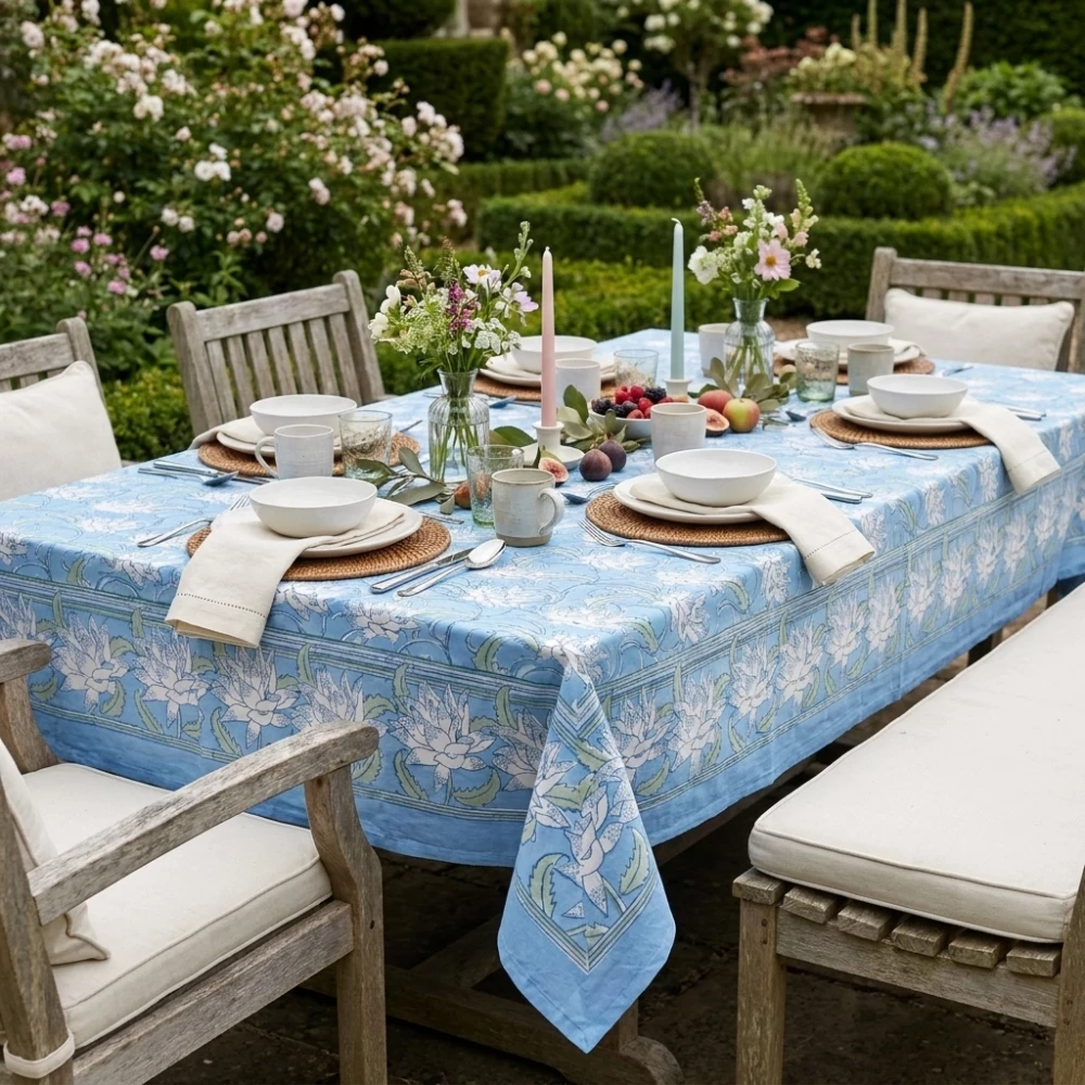 Image of Wood Block Printed Handmade Tablecloth 150x220 cms | Japan Lotus Blue Gud 202502