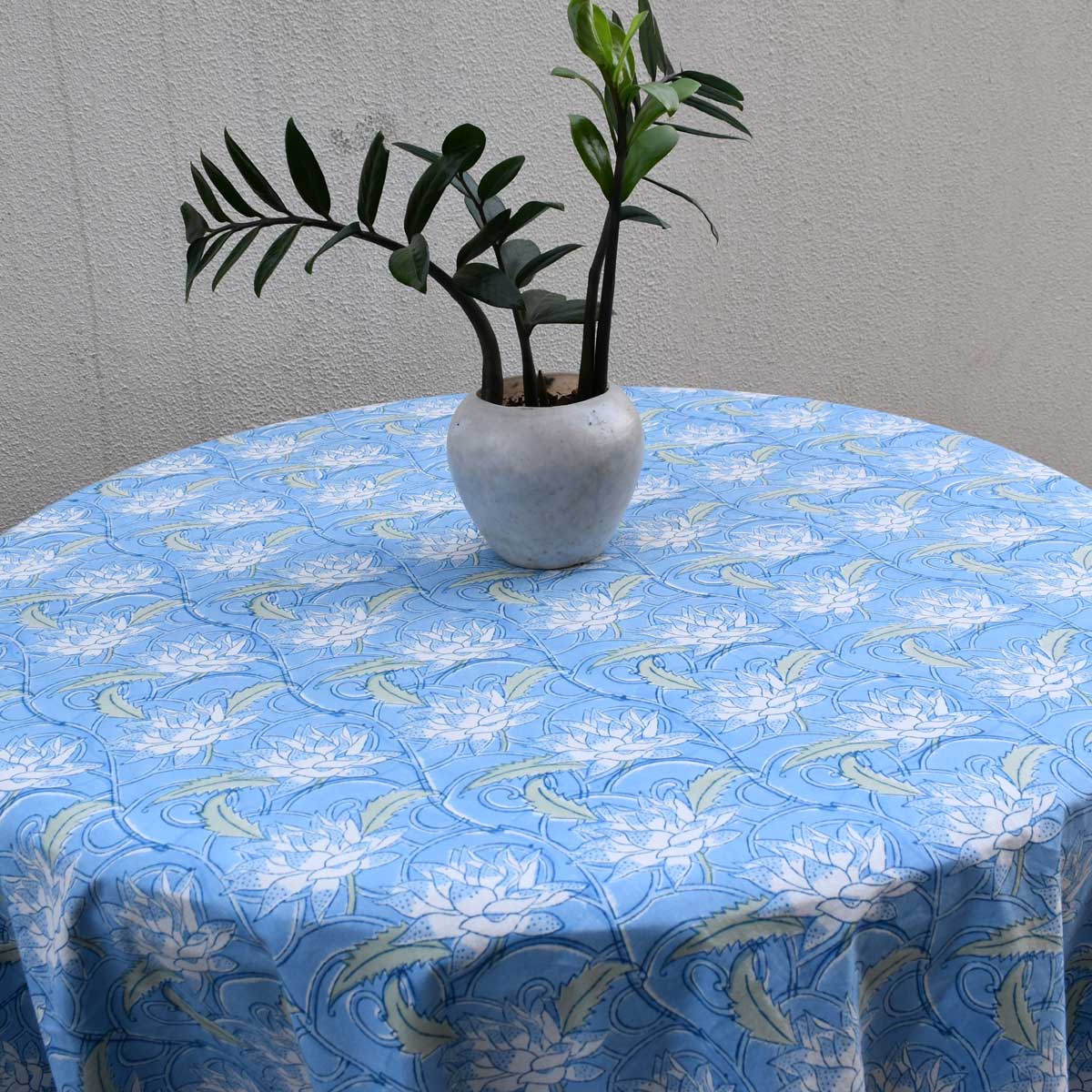 Round 180 cms Cotton French Design Table Cover  Japan Lotus Blue Gud 202502