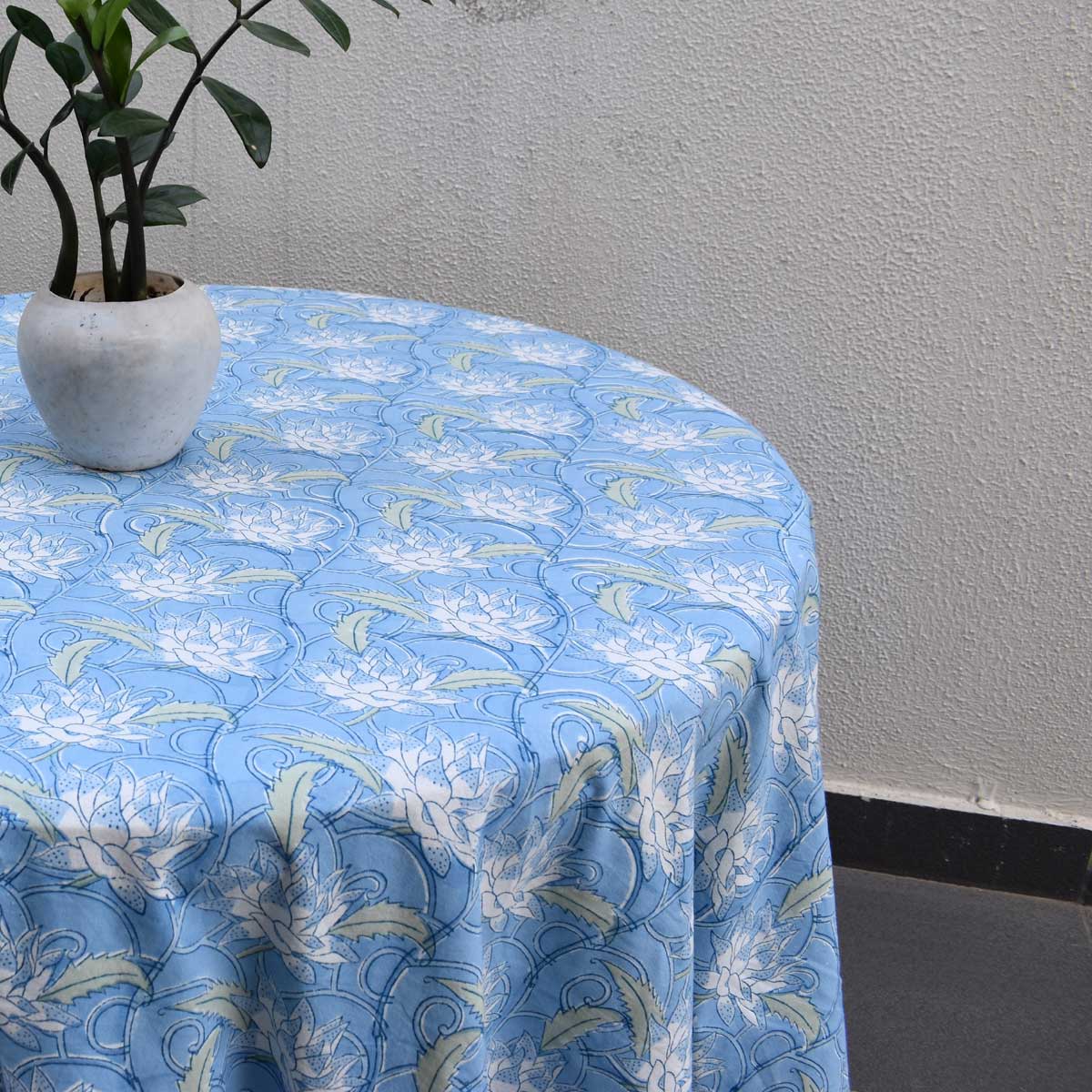 Round 180 cms Cotton French Design Table Cover Japan Lotus Blue Gud 202502