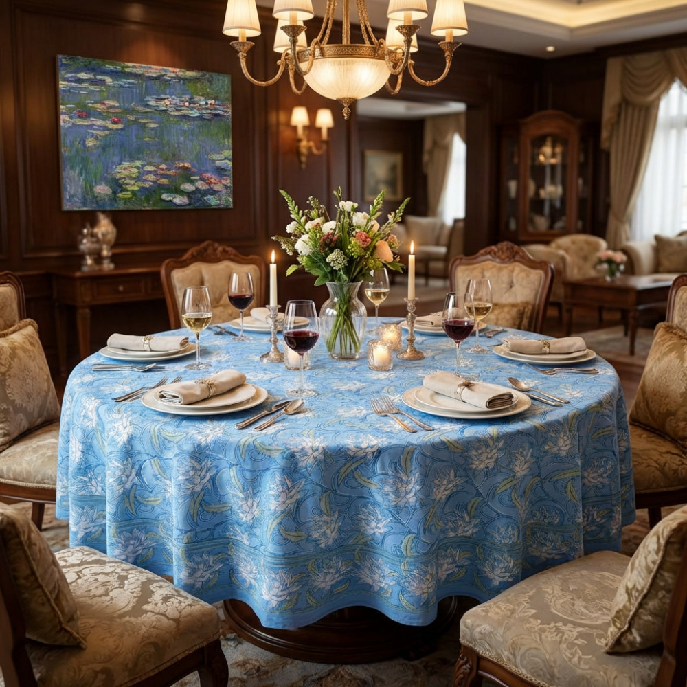 Image of Round  275 cms 100% Cotton Tablecloth | Japan Lotus Blue Gud 202502