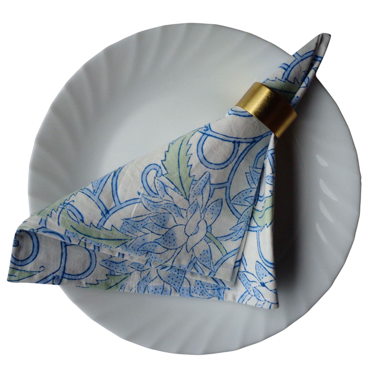 Hand Block Printed Cotton Napkin 45x45 cms Set of 4 Napkins  Japan Lotus Blue Open 202506