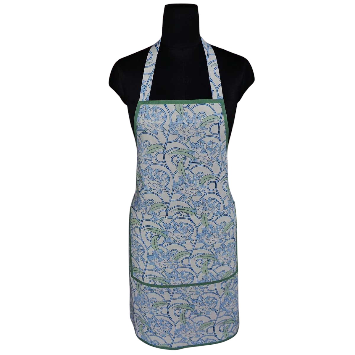 Indian Block-Printed 100 Cotton Apron Japan Lotus Blue Open 202506