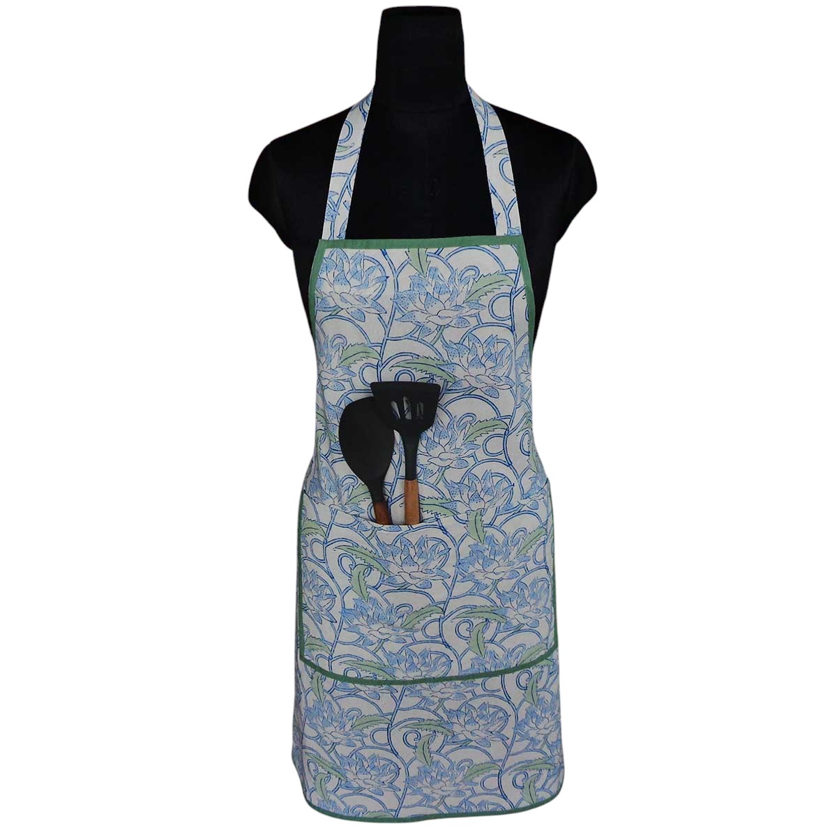 Indian Block-Printed 100 Cotton Apron Japan Lotus Blue Open 202506