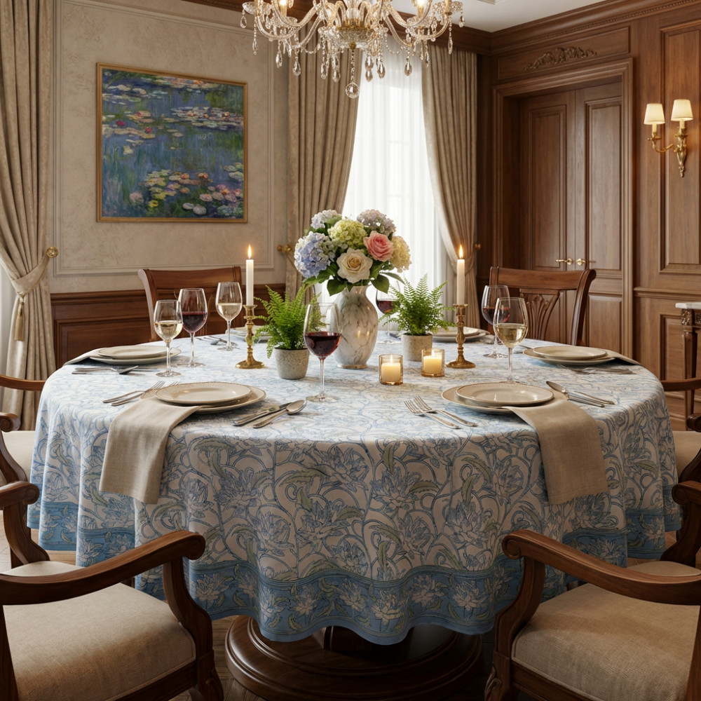 Image of Round 180 cms Cotton French Design Table Cover | Japan Lotus Blue Open 202506