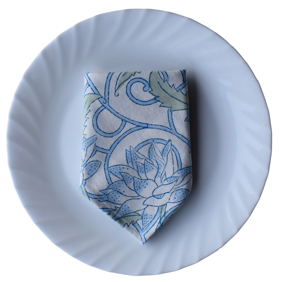 Hand Block Printed Cotton Napkin 45x45 cms Set of 4 Napkins Japan Lotus Blue Open 202506
