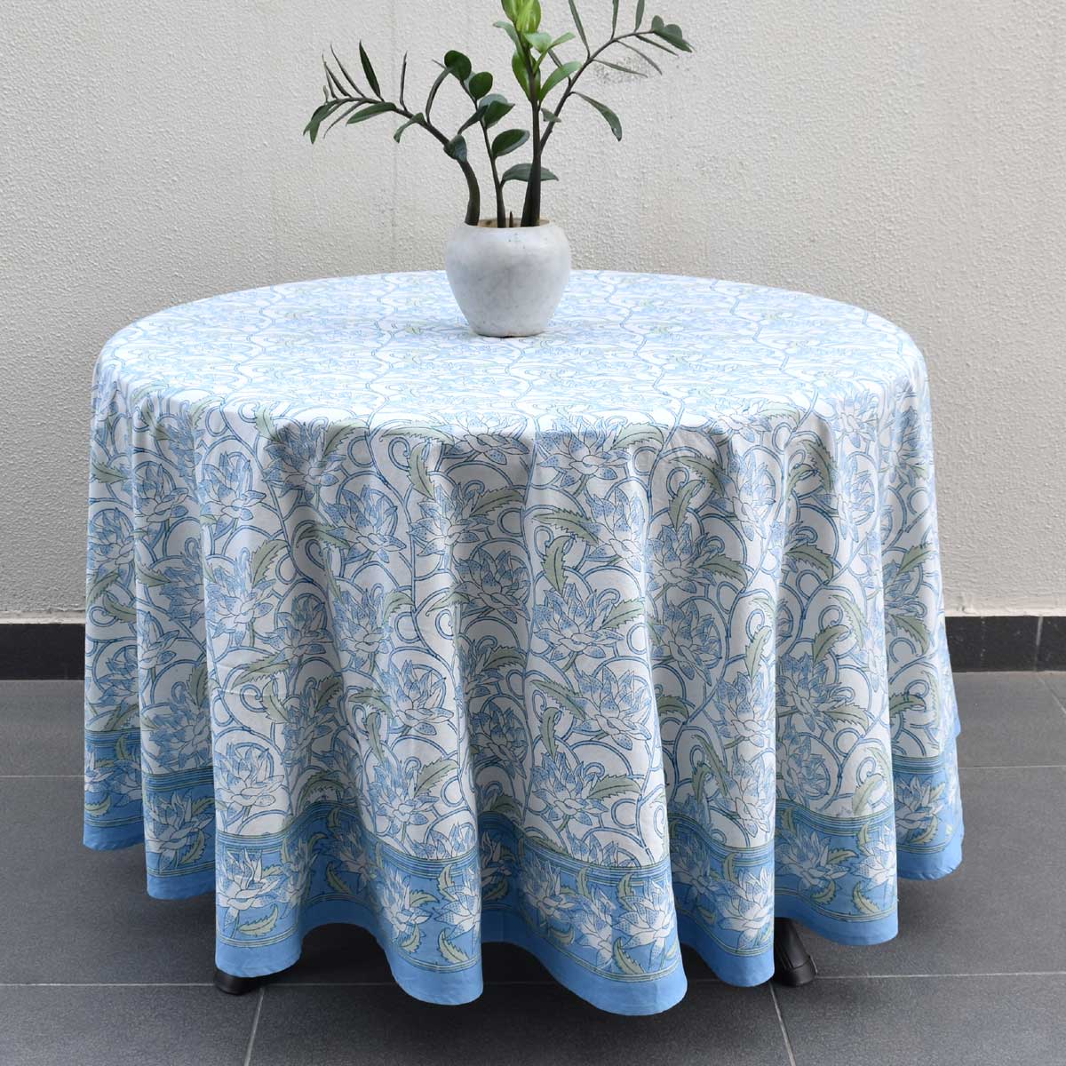 Round 220 cms Cotton French Design Table Cover  Japan Lotus Blue Open 202506