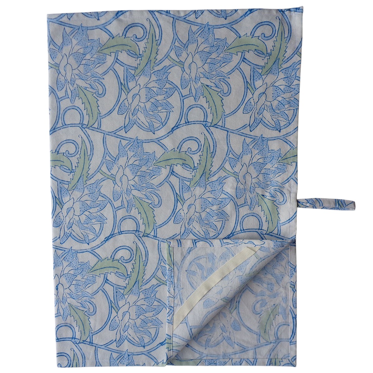 Hand Block Printed Cotton Kitchen Towels 50x70 cms Japan Lotus Blue Open 202506
