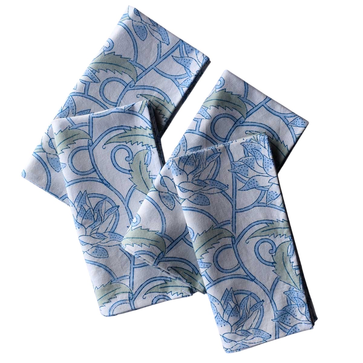 Hand Block Printed Cotton Napkin 45x45 cms Set of 4 Napkins Japan Lotus Blue Open 202506