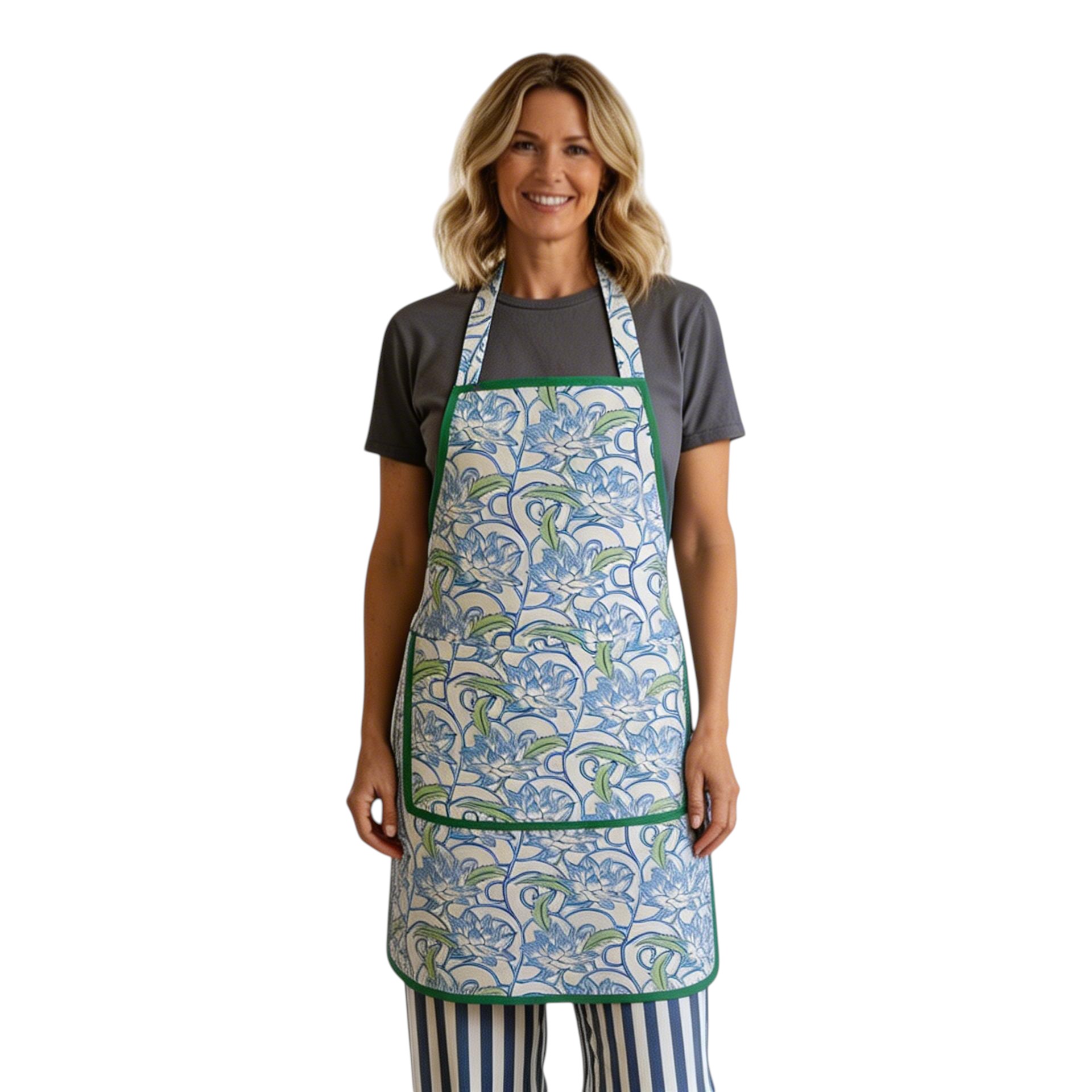 Indian Block-Printed 100 Cotton Apron Japan Lotus Blue Open 202506