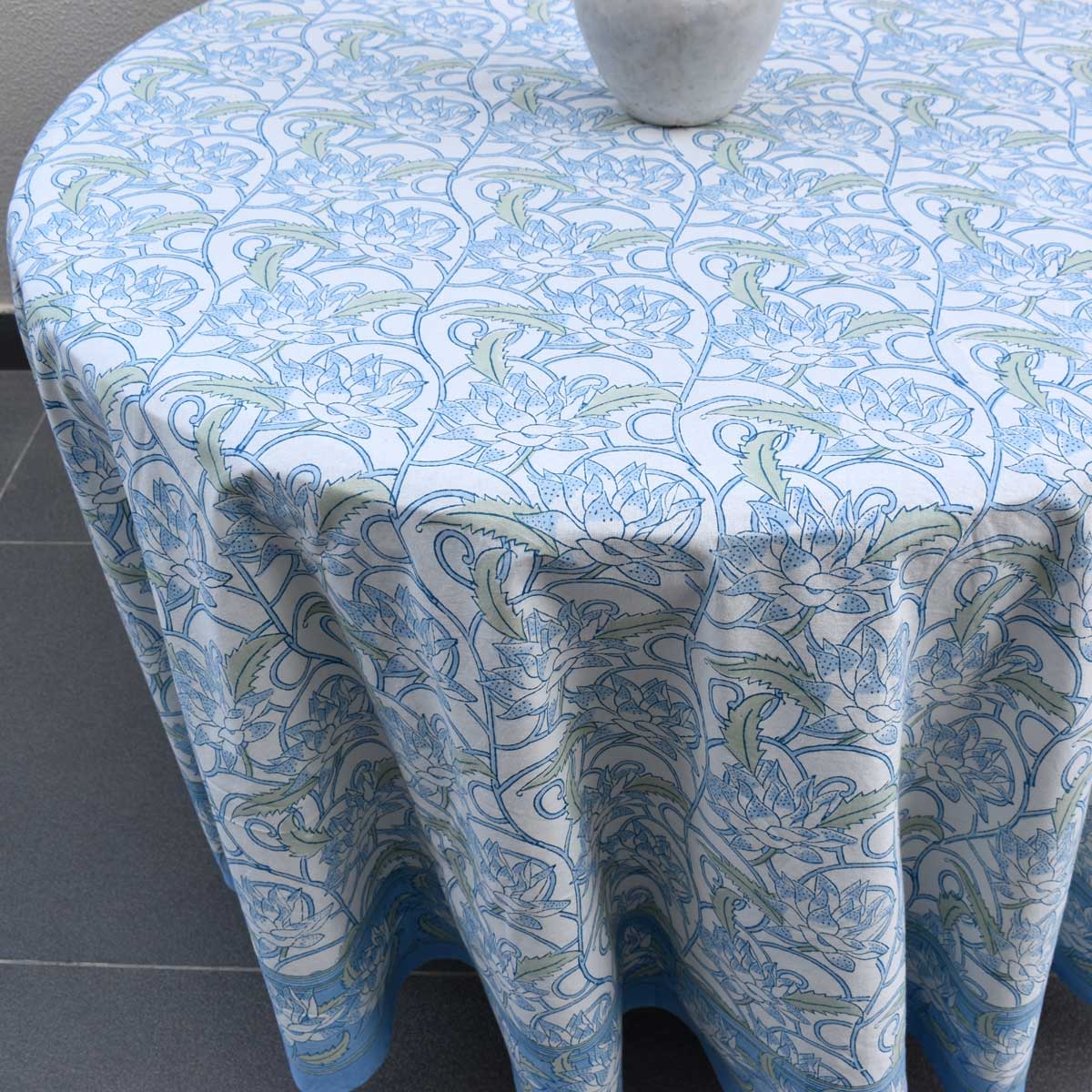Round 220 cms Cotton French Design Table Cover Japan Lotus Blue Open 202506