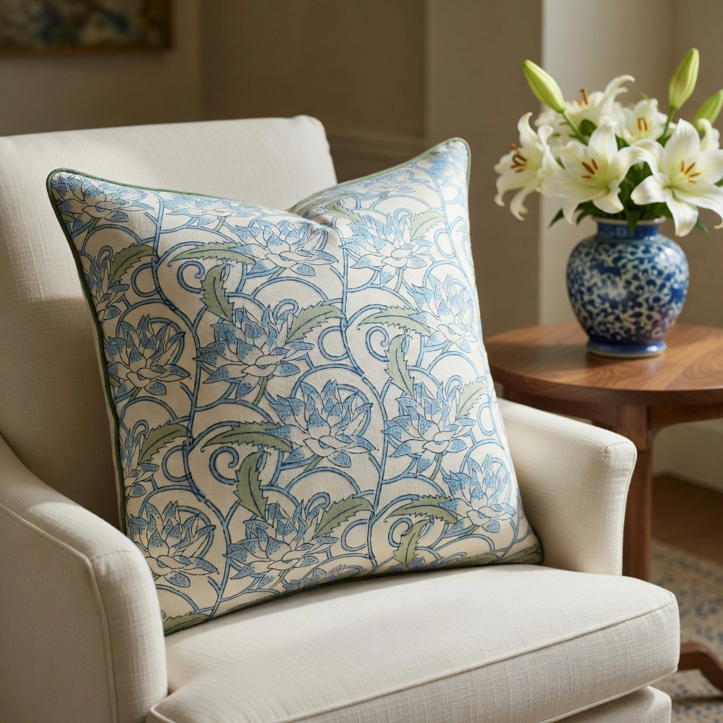Piping Cushion Cover 50x50 cms Japan Lotus Blue Open 202506