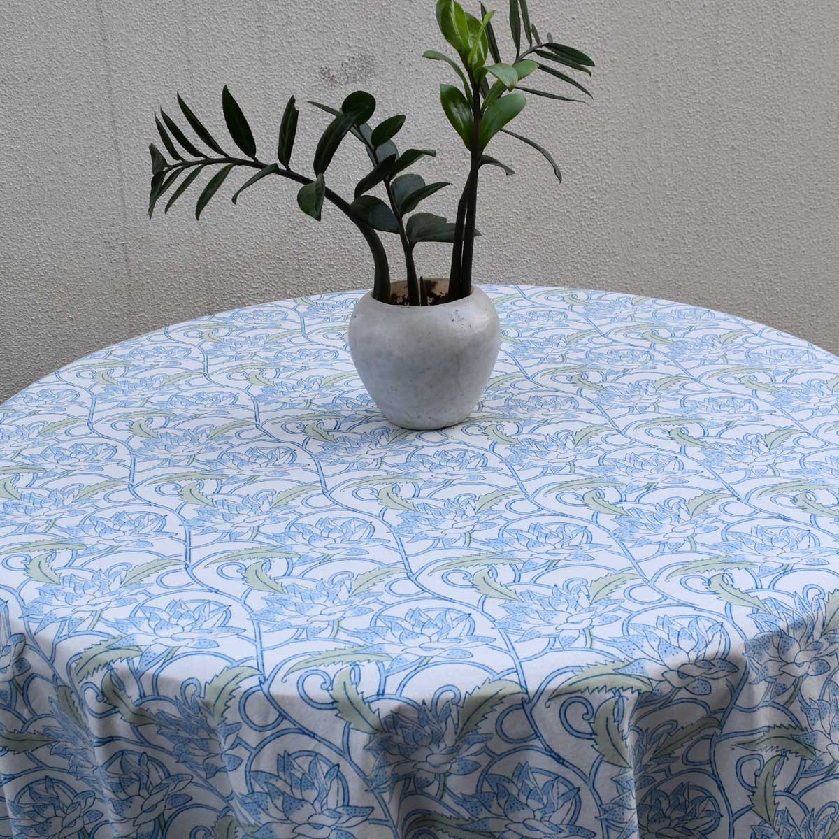 Round  275 cms 100 Cotton Tablecloth  Japan Lotus Blue Open 202506