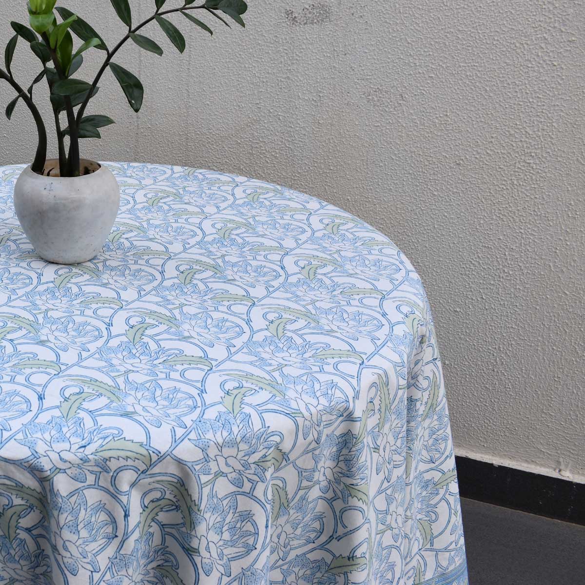 Round 275 cms 100 Cotton Tablecloth Japan Lotus Blue Open 202506