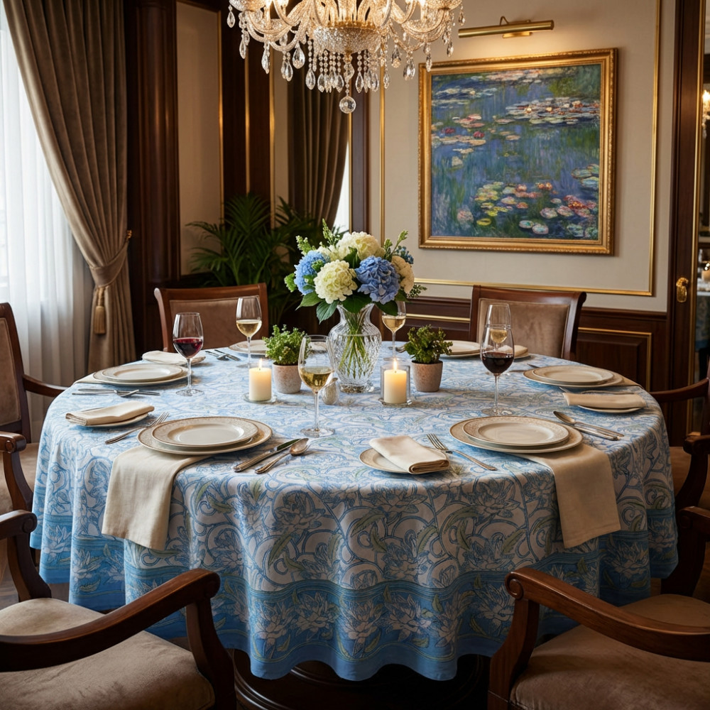 Image of Round  275 cms 100% Cotton Tablecloth | Japan Lotus Blue Open 202506