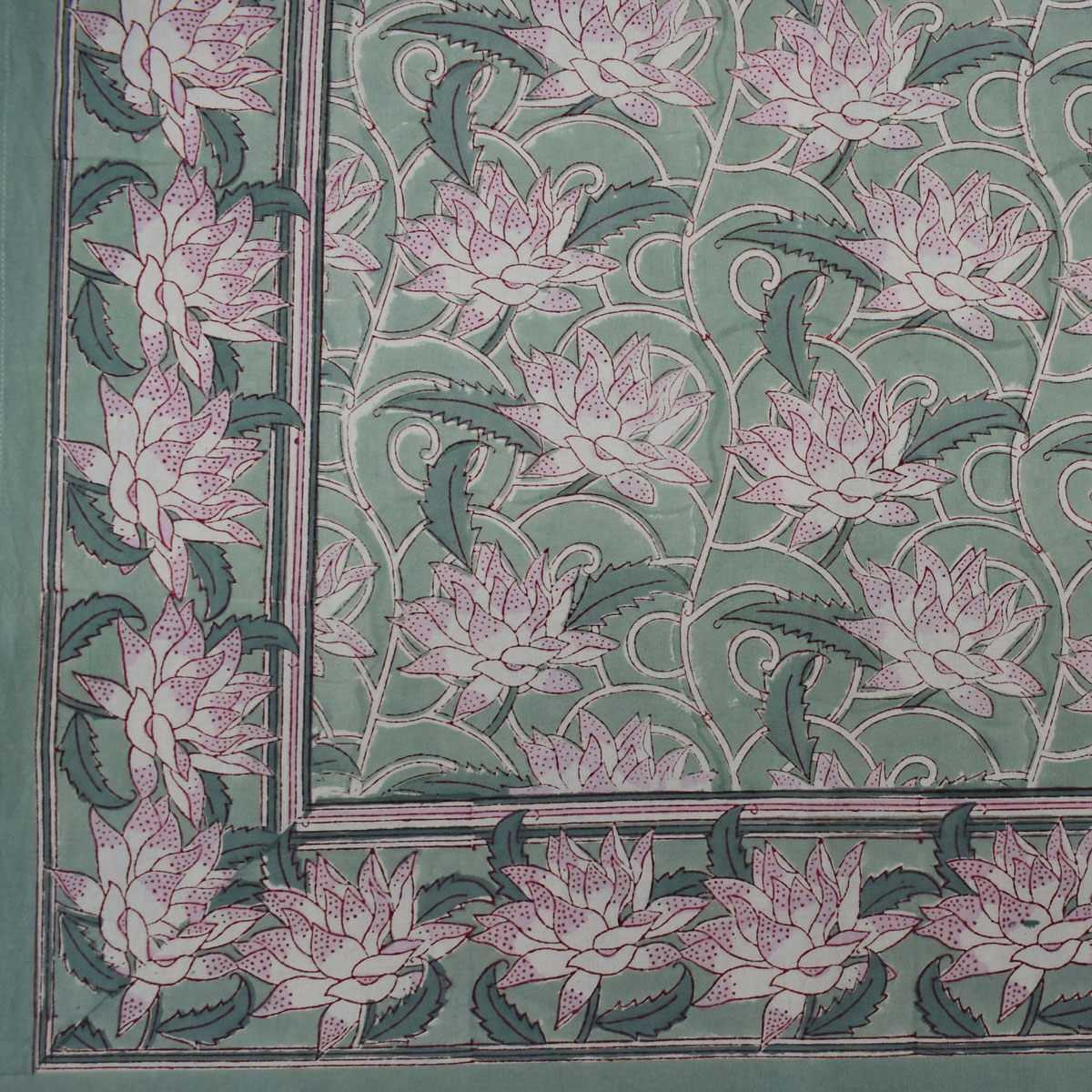 Wood Block Printed Handmade Tablecloth 150x220 cms Japan Lotus Green 202501
