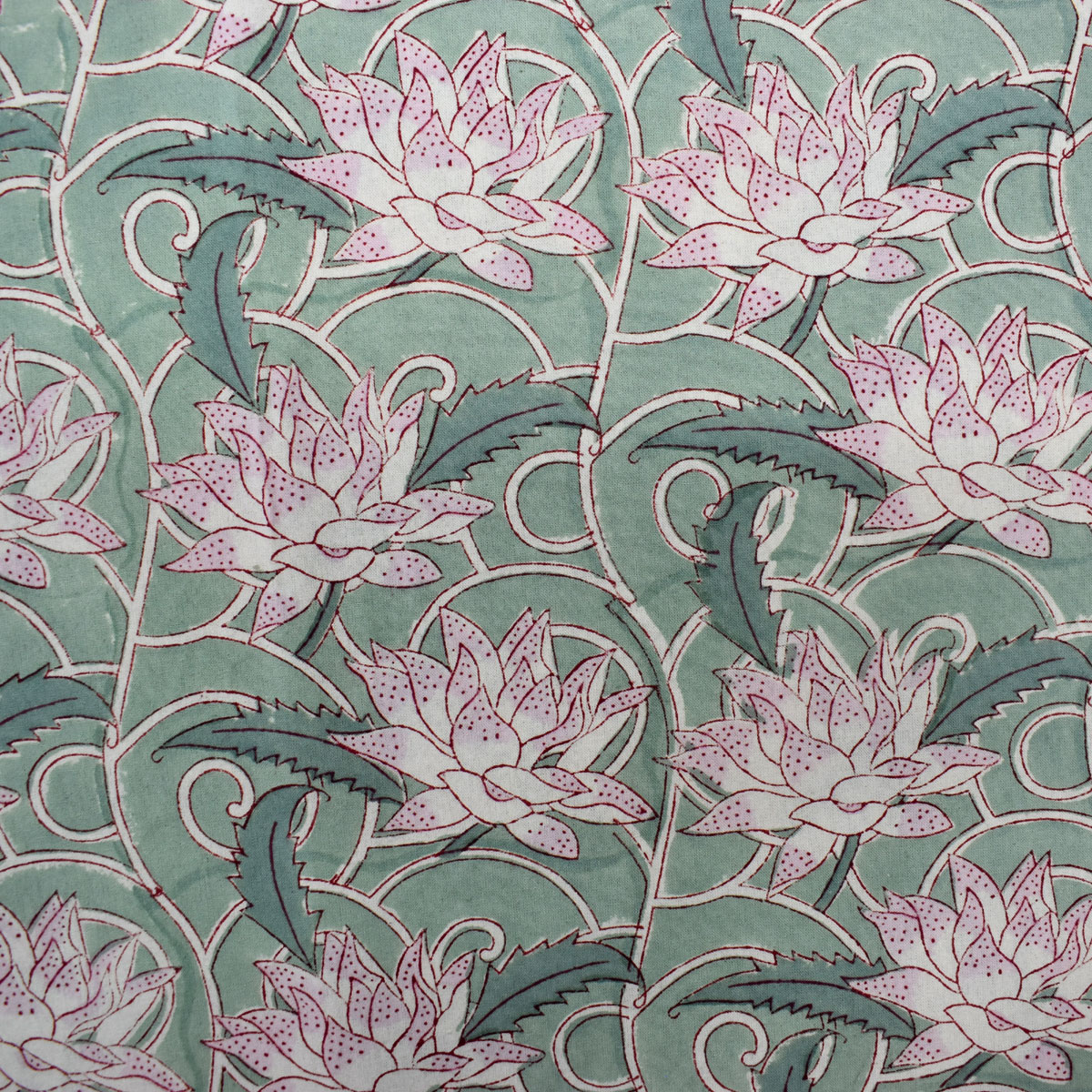 Wood Block Printed Handmade Tablecloth 150x220 cms Japan Lotus Green 202501