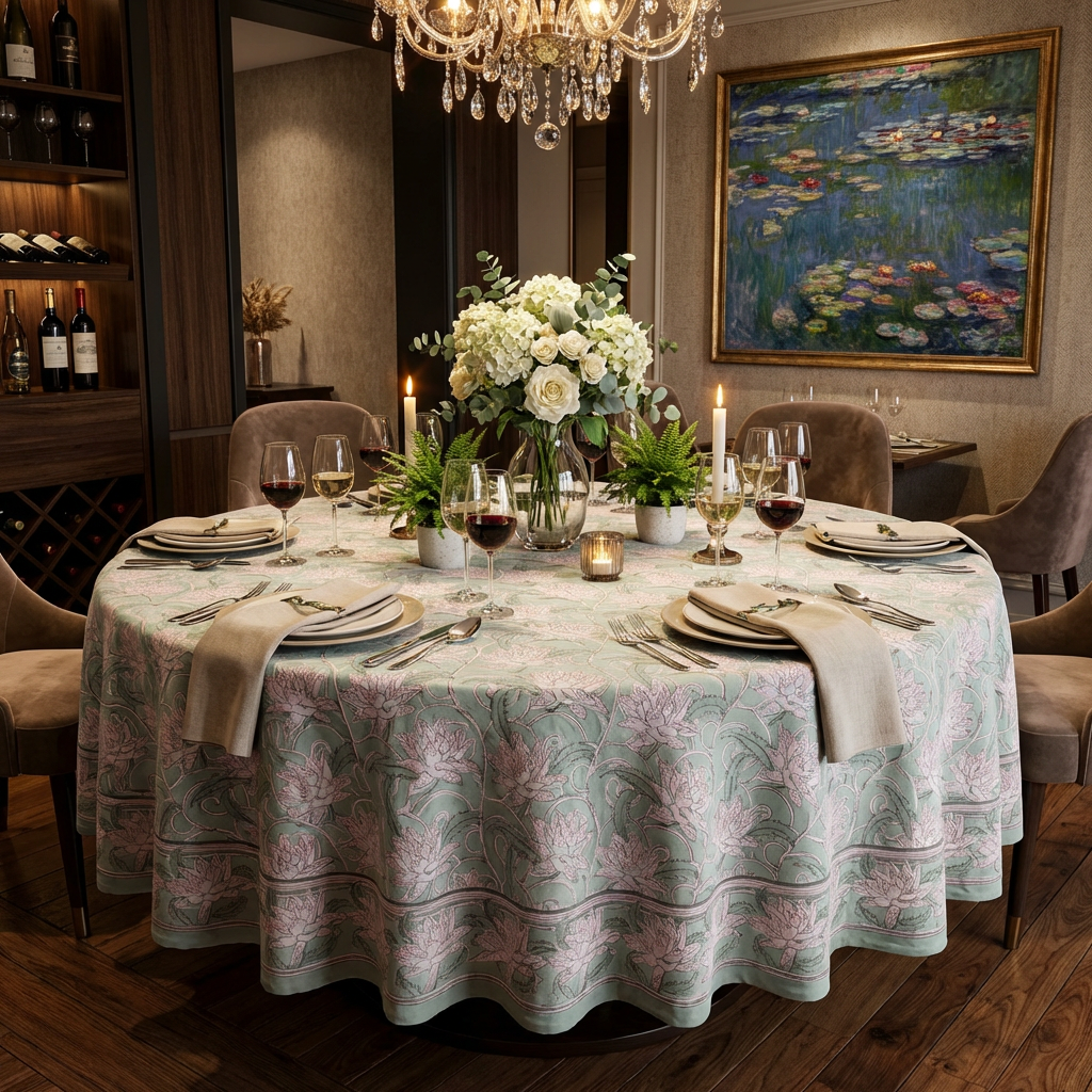 Hand Block Printed Cotton Round Tablecloth 275 cms Japan Lotus Green 202501