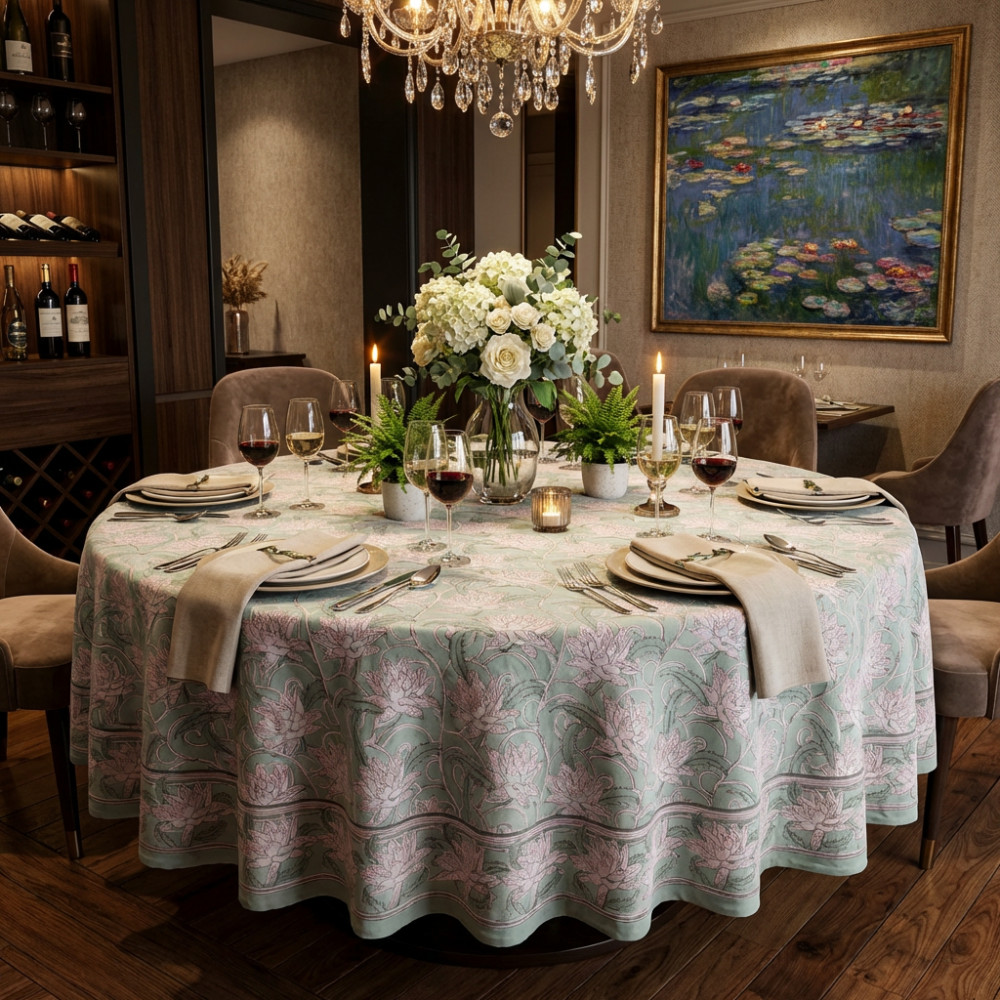 Image of Hand Block Printed Cotton Round Tablecloth 275 cms | Japan Lotus Green 202501