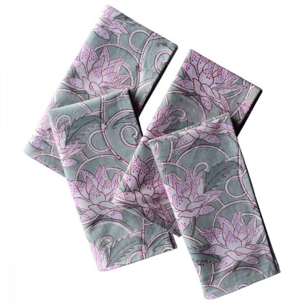 Image of Hand Block Printed Cotton Napkin 45x45 cms (Set of 4 Napkins) | Japan Lotus Green 202501