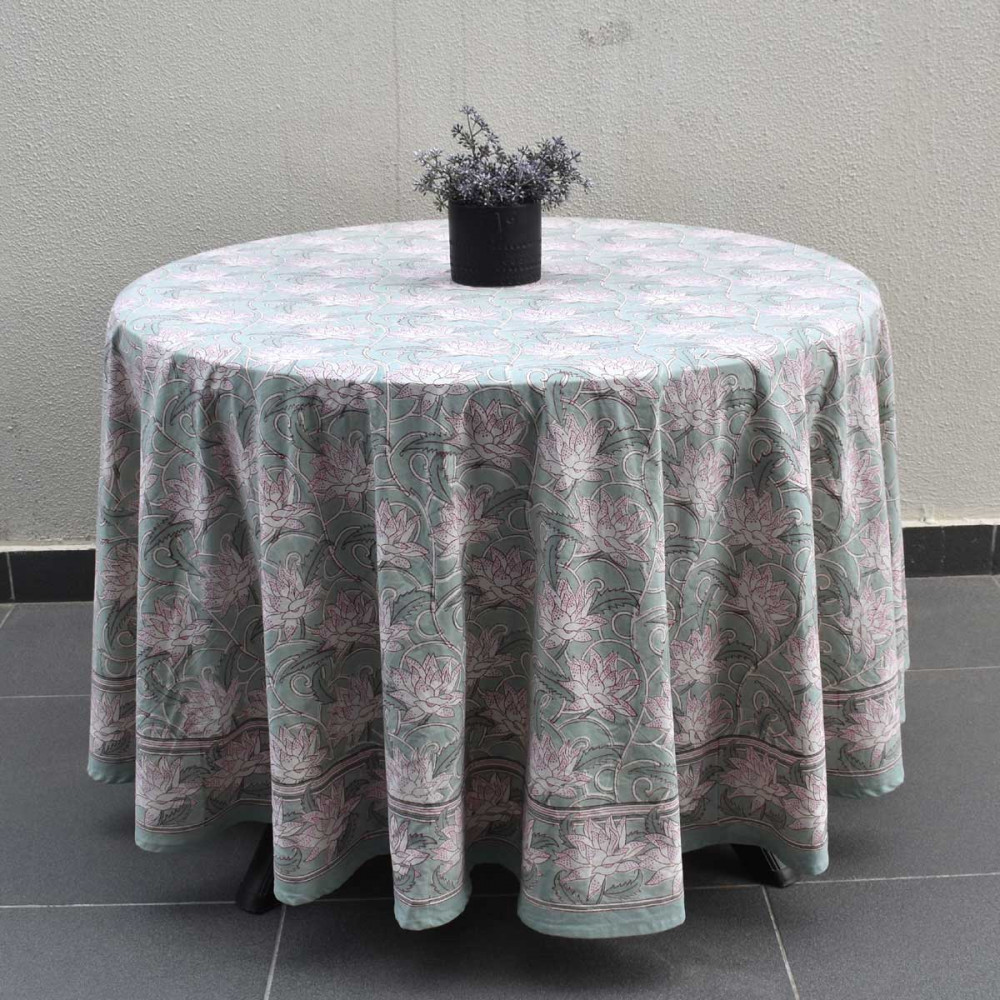 Image of Hand Block Printed Cotton Round Tablecloth 275 cms | Japan Lotus Green 202501