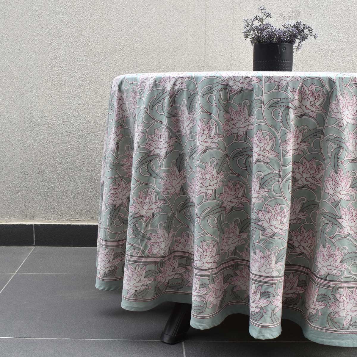 Hand Block Printed Cotton Round Tablecloth 275 cms Japan Lotus Green 202501