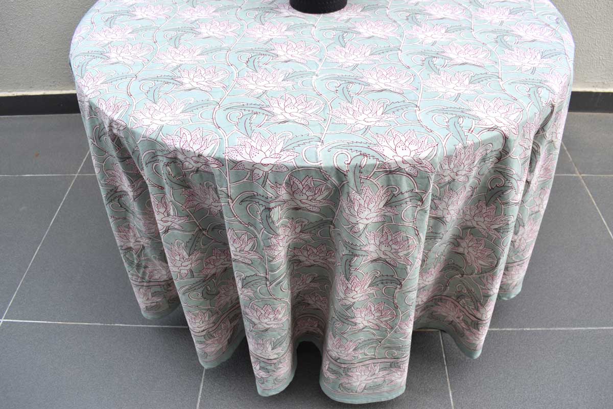Hand Block Printed Cotton Round Tablecloth 275 cms Japan Lotus Green 202501