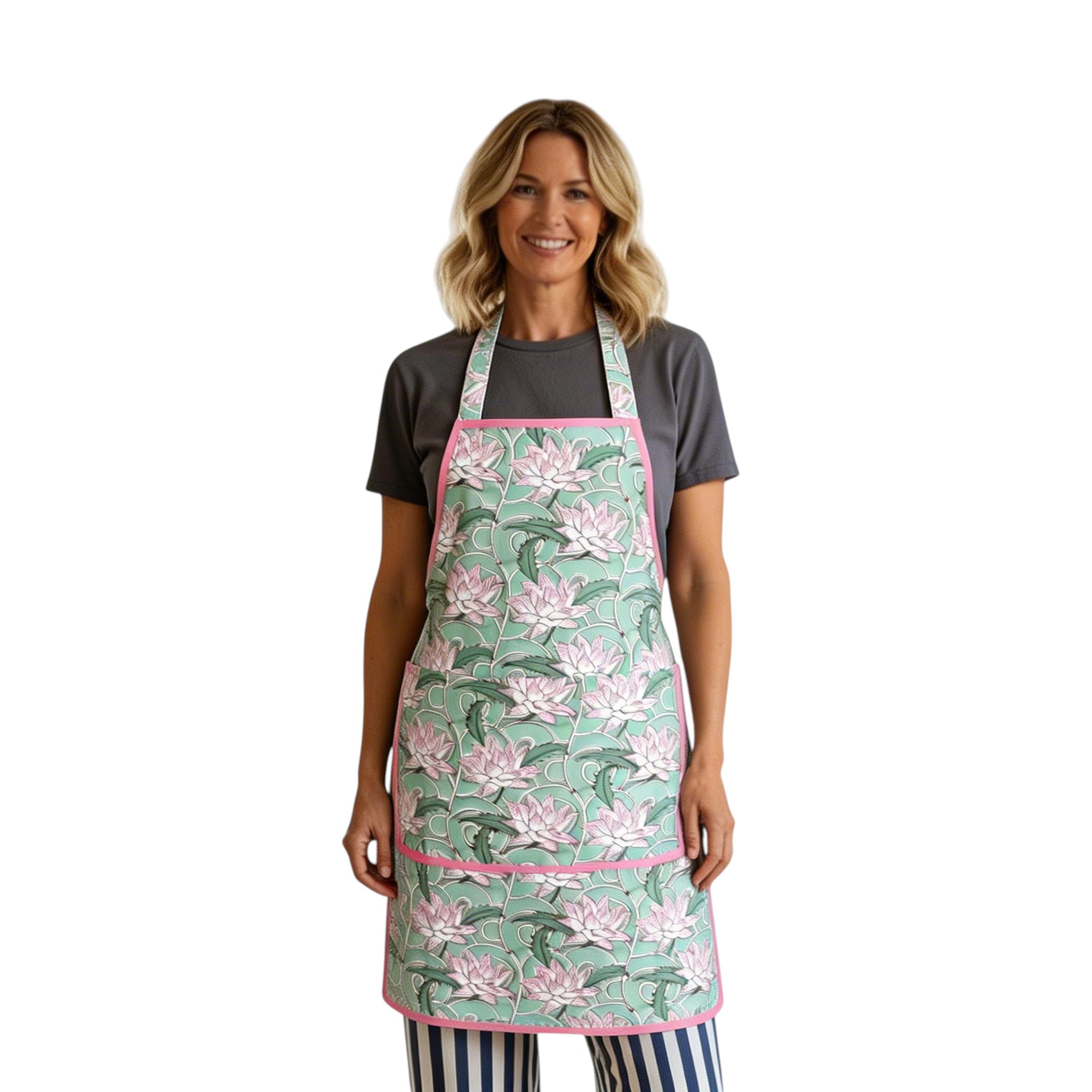 Indian Block-Printed 100 Cotton Apron Japan Lotus Green 202501