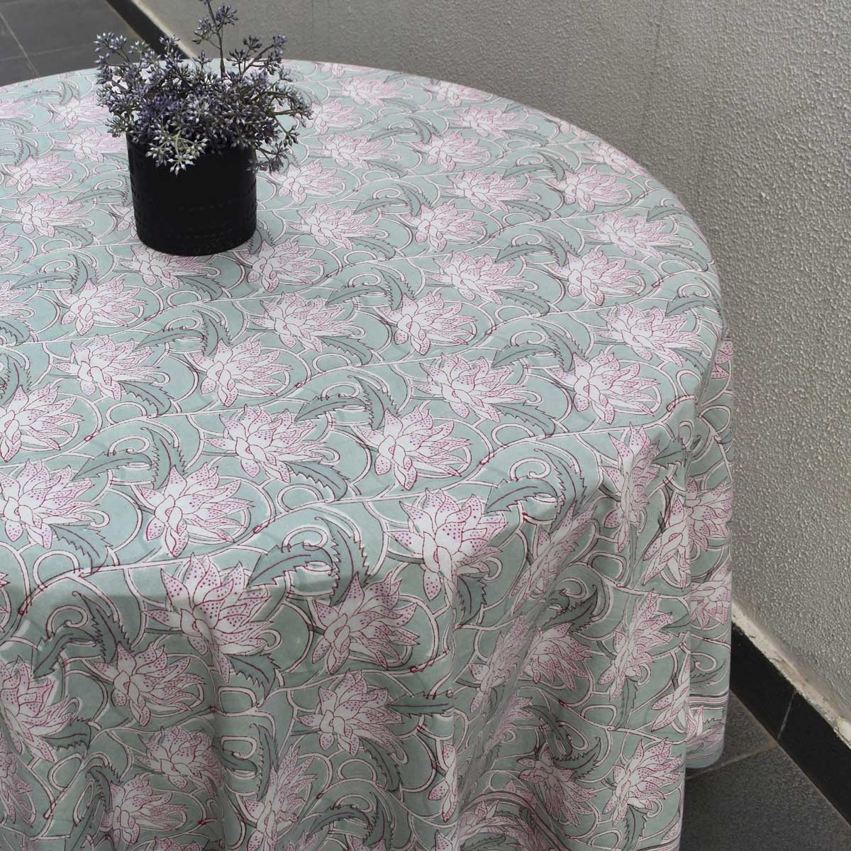 Hand Block Printed Cotton Round Tablecloth 275 cms Japan Lotus Green 202501
